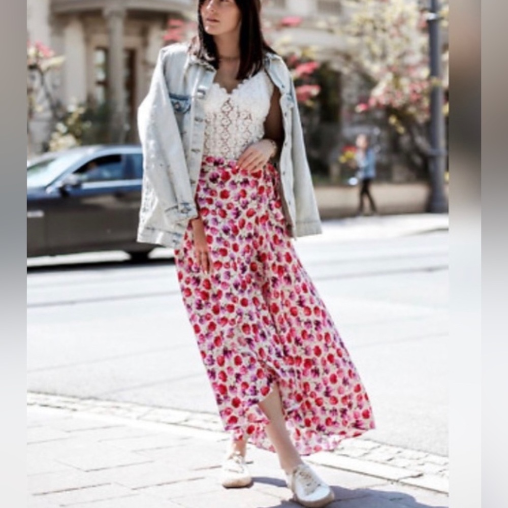 Zara Pink Floral Wrap Ruffle Maxi Sarong Skirt, Size XL